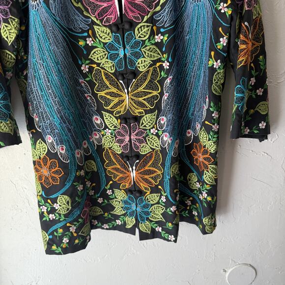 Vintage Jacket Womens L Black Multicolor Embroidered Floral Butterfly Asian Boho - Picture 3 of 8